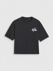 4F T-shirt oversize z nadrukiem damski - czarny M. Czarne t-shirty damskie 4f, m, bez wzorów, z bawełny, bez kołnierzyka. W wyprzedaży za 39.99 zł.