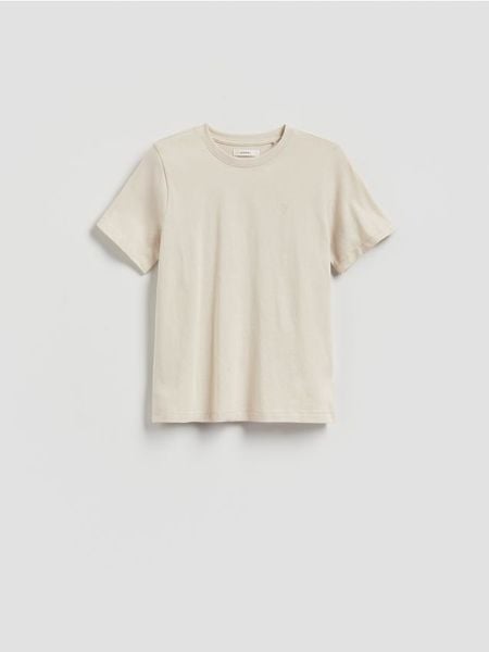 Bawełniany T-shirt z haftem - inny. T-shirty damskie Reserved, l, bez wzorów, z bawełny, bez kołnierzyka. Za 45.99 zł.