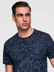Męski t-shirt bawełniany z nadrukiem z motywem roślinnym - granatowa V4 - Rozmiar: S. Niebieskie t-shirty męskie Ombre Clothing, m, bez wzorów, z bawełny, bez kołnierzyka. W wyprzedaży za 52.50 zł.