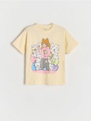 Bawełniany t-shirt z nadrukiem - beżowy. Brązowe koszulki dziewczęce Reserved, bez wzorów, z bawełny, bez ramiączek. W wyprzedaży za 32.99 zł.