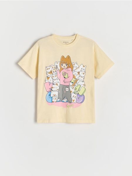 Bawełniany t-shirt z nadrukiem - beżowy. Brązowe koszulki dziewczęce Reserved, bez wzorów, z bawełny, bez ramiączek. W wyprzedaży za 32.99 zł.