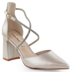 Sandały damskie na słupku z cyrkoniami złote Sabatina 750-1. Żółte sandały damskie Sabatina, bez wzorów, z materiału, bez obcasa, na słupku. Za 169.99 zł.