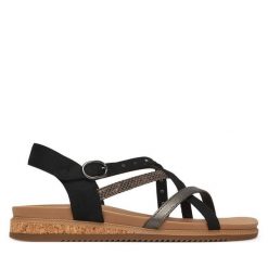 Sandały Skechers. Czarne sandały damskie Skechers, bez wzorów, bez obcasa, na płaskiej podeszwie. Za 229.99 zł.