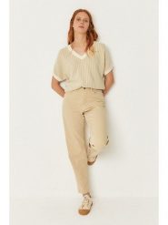 SKFK Spodnie "Ania" w kolorze beżowym rozmiar: 34. Brązowe spodnie materiałowe damskie SKFK, bez wzorów, z bawełny, klasyczne, z podwyższonym stanem. Za 304.99 zł.