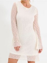 Sukienka mini z transparentnymi rękawami - kremowy. Białe sukienki damskie Sinsay, l, bez wzorów, boho, bez kołnierzyka, bez ramiączek, mini. Za 49.99 zł.