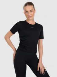 4F Top do jogi i pilatesu szybkoschnący damski - czarny M. Czarne topy damskie 4f, l, bez wzorów, z elastanu, bez kołnierzyka. Za 99.99 zł.