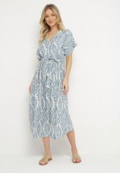 Niebieska Wiskozowa Sukienka w Liście z Ozdobnym Paskiem Evelozi. Niebieskie sukienki damskie Born2be, na co dzień, l, bez wzorów, z wiskozy, eleganckie, bez kołnierzyka, bez ramiączek, maxi, proste. W wyprzedaży za 71.99 zł.