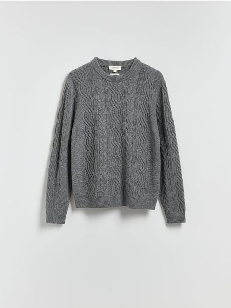 Wełniany sweter z warkoczowym splotem - ciemnoszary. Szare swetry męskie Reserved, l, bez wzorów, z dzianiny, bez kołnierzyka. W wyprzedaży za 129.99 zł.