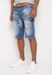 Niebieskie Szorty Jeansowe z Przetarciami i Paskiem z Imitacji Skóry Tleasa. Niebieskie szorty męskie Born2be, z jeansu, bez kołnierzyka. Za 109.99 zł.