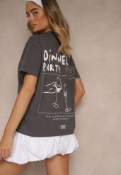 Ciemnoszary T-shirt z Bawełny z Nadrukiem Adferia. Szare t-shirty damskie Renee, l, bez wzorów, z bawełny, bez kołnierzyka. Za 49.99 zł.