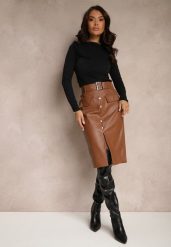 Brązowa Spódnica Ołówkowa High Waist z Imitacji Skóry Ozdobiona Paskiem Norinka. Brązowe spódniczki damskie Renee, l, z aplikacjami, ze skóry, biznesowe, z podwyższonym stanem, midi, ołówkowe. Za 99.99 zł.