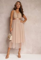 Ciemnobeżowa Tiulowa Sukienka Rozkloszowana z Koronką Phyvana. Brązowe sukienki damskie Renee, na imprezę, m, bez wzorów, z koronki, eleganckie, bez kołnierzyka, bez ramiączek, midi, kopertowe. Za 159.99 zł.