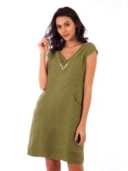 Lin Passion Lniana sukienka w kolorze khaki rozmiar: 34/36. Brązowe sukienki damskie Lin Passion, z aplikacjami, klasyczne, bez kołnierzyka, bez ramiączek, midi, rozkloszowane. Za 130.99 zł.