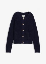 Gruby sweter z ozdobnymi guzikami. Niebieskie swetry klasyczne damskie bonprix, bez kołnierzyka. Za 137.99 zł.