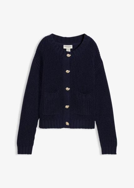 Gruby sweter z ozdobnymi guzikami. Niebieskie swetry klasyczne damskie bonprix, bez kołnierzyka. Za 137.99 zł.