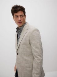 Marynarka slim fit w kratę - beżowy. Brązowe marynarki męskie Reserved, bez wzorów, z elastanu. Za 359.99 zł.