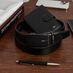 Zestaw prezentowy męski skórzany pasek portfel pudełko premium Beltimore Z50. Czarne paski męskie bez wzorów. Za 100.99 zł.