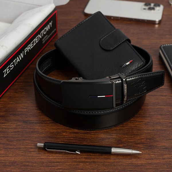 Zestaw prezentowy męski skórzany pasek portfel pudełko premium Beltimore Z50. Czarne paski męskie bez wzorów. Za 100.99 zł.