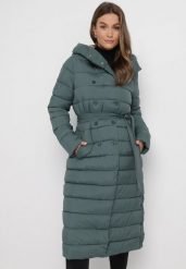 Zielona Kurtka Płaszcz Pikowany z Kapturem i Zapinanymi Kieszeniami Paxana. Zielone kurtki damskie Born2be, xl, bez wzorów, z materiału. Za 169.99 zł.