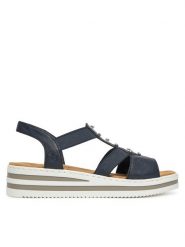 Rieker Sandały V0287-14 Granatowy. Niebieskie sandały damskie Rieker, bez wzorów, z materiału, bez obcasa, na koturnie. Za 229.99 zł.