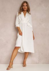 Biała Sukienka Canopis. Białe sukienki damskie Renee, m, bez wzorów, z materiału, eleganckie, bez kołnierzyka, bez ramiączek, midi, kopertowe. W wyprzedaży za 62.99 zł.