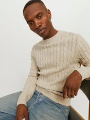 Jack & Jones Sweter w kolorze beżowym rozmiar: L. Brązowe swetry męskie Jack & Jones, l, bez wzorów, ze splotem, bez kołnierzyka. Za 154.07 zł.