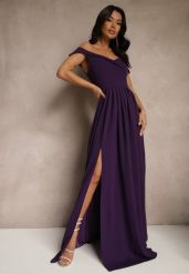 Fioletowa Elegancka Długa Sukienka Hiszpanka Wykończona Rozcięciem na Dole Idelia. Fioletowe sukienki damskie Renee, na lato, l, bez wzorów, z materiału, eleganckie, bez kołnierzyka, bez ramiączek, maxi. W wyprzedaży za 153.99 zł.