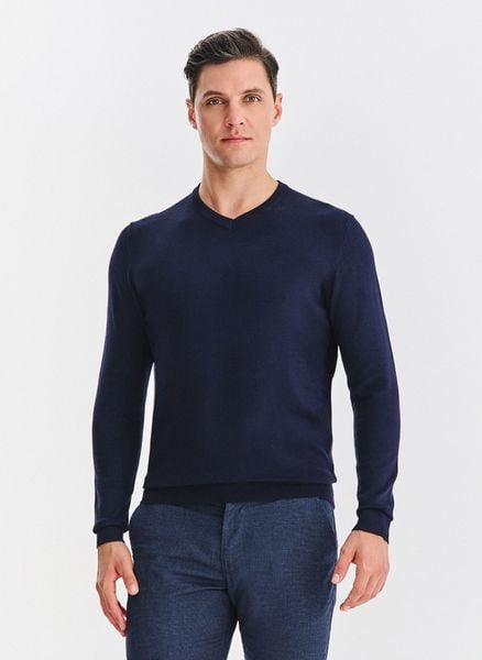 PAKO LORENTE - ranatowy sweter męski v-neck. Niebieskie swetry męskie Pako Lorente, na jesień, m, bez wzorów, z nylonu, bez kołnierzyka. Za 99.99 zł.