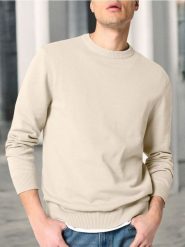 Sweter z okrągłym dekoltem - beżowy. Brązowe swetry męskie Sinsay, l, bez wzorów, bez kołnierzyka. Za 19.99 zł.