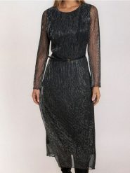 Elegancka sukienka szmizjerka z paskiem - srebrny. Szare sukienki damskie Sinsay, l, bez wzorów, eleganckie, bez kołnierzyka, bez ramiączek, szmizjerki. W wyprzedaży za 29.99 zł.