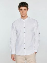 Lniana koszula męska ze stójką biała Janeiso 101. Białe koszule męskie Big Star, l, bez wzorów, z bawełny, bez kołnierzyka, bez ramiączek. Za 249.99 zł.