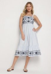 Niebieska Sukienka z Bawełny Ozdobiona Haftem Redale. Niebieskie sukienki damskie Born2be, na co dzień, l, bez wzorów, z bawełny, eleganckie, bez kołnierzyka, bez ramiączek, midi, proste. W wyprzedaży za 95.99 zł.