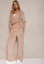Ciemnobeżowy Dresowy Komplet Welurowy Bluza i Spodnie z Panterkowymi Wstawkami Elazoria. Brązowe bluzy z kapturem damskie Renee, bez wzorów, z dresówki. Za 69.99 zł.
