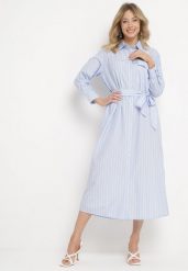 Niebieska Koszulowa Sukienka w Paski z Wiązaniem w Talii Lasali. Niebieskie sukienki damskie Born2be, na co dzień, l, bez wzorów, eleganckie, bez kołnierzyka, bez ramiączek, dopasowane. W wyprzedaży za 127.99 zł.