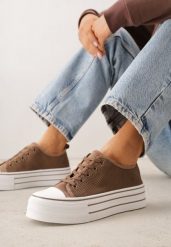 Brązowe Plecione Trampki na Platformie Irivana. Brązowe trampki i tenisówki damskie Renee, bez wzorów, z jeansu. Za 79.99 zł.