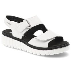 Sandały damskie Rieker, cholewka ze skóry naturalnej z materiałowym wnętrzem zapinane na rzep, białe, V1382-80. Białe sandały damskie Rieker, bez wzorów, z materiału, bez obcasa. Za 329.00 zł.