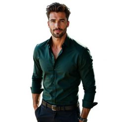 Ciemnozielona gładka koszula A69. Koszule męskie Modini Moda Męska, m, bez wzorów, z bawełny, bez kołnierzyka, bez ramiączek. W wyprzedaży za 179.10 zł.