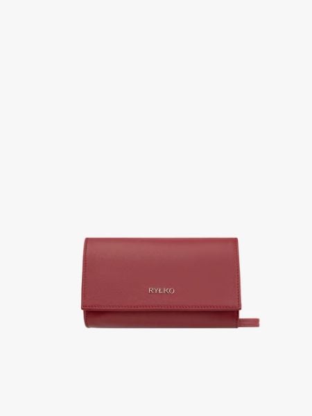 Bordowa torebka kopertówka na łańcuszku. Czerwone torebki wieczorowe Ryłko, bez wzorów, eleganckie, bez kołnierzyka, bez ramiączek. Za 249.99 zł.