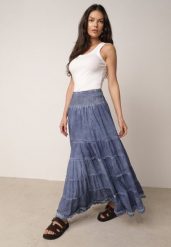 Niebieska Spódnica z Bawełny z Wysokim Stanem Stylizowana na Jeansową Ealread. Niebieskie spódniczki damskie Born2be, m, bez wzorów, z bawełny, biznesowe, z podwyższonym stanem, maxi, dopasowane. Za 99.99 zł.