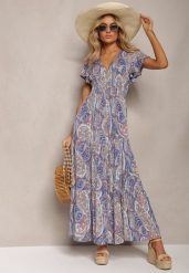 Granatowo-Beżowa Rozkloszowana Sukienka Maxi na Guziki Ozdobiona Etnicznym Wzorem Kleriala. Niebieskie sukienki damskie Renee, na imprezę, na lato, l, bez wzorów, boho, bez kołnierzyka, bez ramiączek, maxi, rozkloszowane. W wyprzedaży za 79.99 zł.