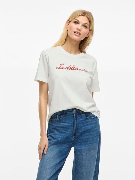 Vila Koszulka w kolorze białym rozmiar: M. Białe bluzki damskie Vila, m, bez wzorów, z bawełny, bez kołnierzyka. Za 47.94 zł.