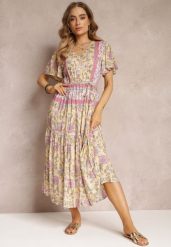 Żółta Kwiecista Sukienka Midi z Gumką w Pasie i Falbanką przy Rękawach Hachitane. Żółte sukienki damskie Renee, na co dzień, l, bez wzorów, boho, bez kołnierzyka, bez ramiączek, midi, proste. Za 69.99 zł.