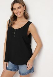 Czarny Top na Szerokich Ramiączkach Zdobiony Guzikami Jenadorea. Czarne topy damskie Born2be, l, z aplikacjami, z jeansu, bez kołnierzyka. Za 34.99 zł.