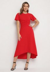 Czerwona Rozkloszowana Sukienka Ozdobiona Marszczeniem Odallica. Czerwone sukienki damskie Born2be, m, bez wzorów, eleganckie, bez kołnierzyka, bez ramiączek, maxi, rozkloszowane. W wyprzedaży za 71.99 zł.