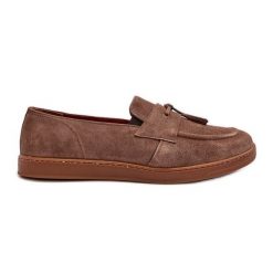 Męskie Zamszowe Loafersy Półbuty Zazoo 1566 Brązowe. Brązowe półbuty męskie ze skóry, bez zapięcia. Za 461.16 zł.