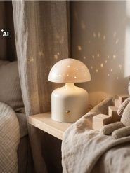 Lampka nocna LED w kształcie grzybka z dekoracyjnymi gwiazdkami - kremowy. Białe koszule nocne damskie Sinsay, bez wzorów. Za 27.99 zł.