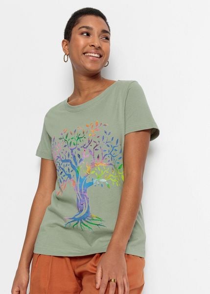 T-shirt z nadrukiem z bawełny organicznej. Białe t-shirty damskie bonprix, bez wzorów, z bawełny, bez kołnierzyka. Za 39.99 zł.