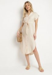 Beżowa Wiskozowa Rozkloszowana Sukienka Koszulowa z Materiałowym Paskiem Katessae. Brązowe sukienki damskie Born2be, na co dzień, na lato, l, bez wzorów, z materiału, eleganckie, bez kołnierzyka, bez ramiączek, midi, koszulowe. W wyprzedaży za 103.99 zł.