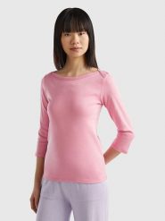 Benetton Koszulka w kolorze jasnoróżowym rozmiar: XL. Różowe bluzki damskie Benetton, xl, bez wzorów, z bawełny, bez kołnierzyka. Za 39.58 zł.