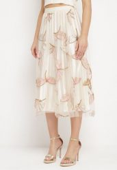 Jasnobeżowa Spódnica z Gumką w Pasie Ozdobiona Cekinami Fiomella. Brązowe spódniczki damskie Born2be, l, z aplikacjami, eleganckie, midi, proste. Za 69.99 zł.